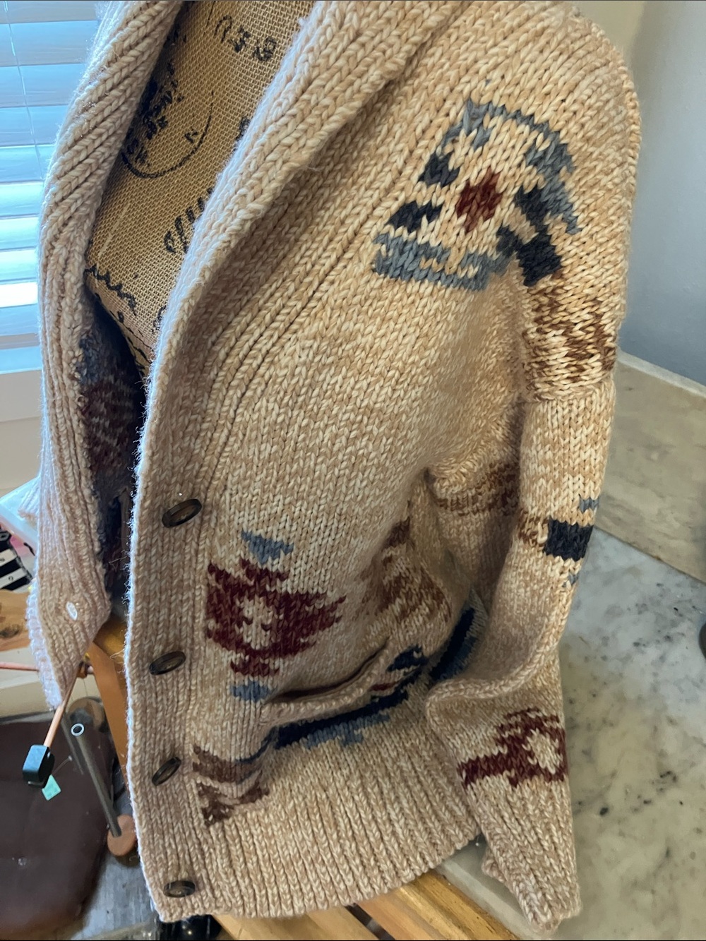 Lucky Brand Neutral & Rust Knit Cardigan Mexican Design Horse Fab Back!! L - Picture 5 of 11